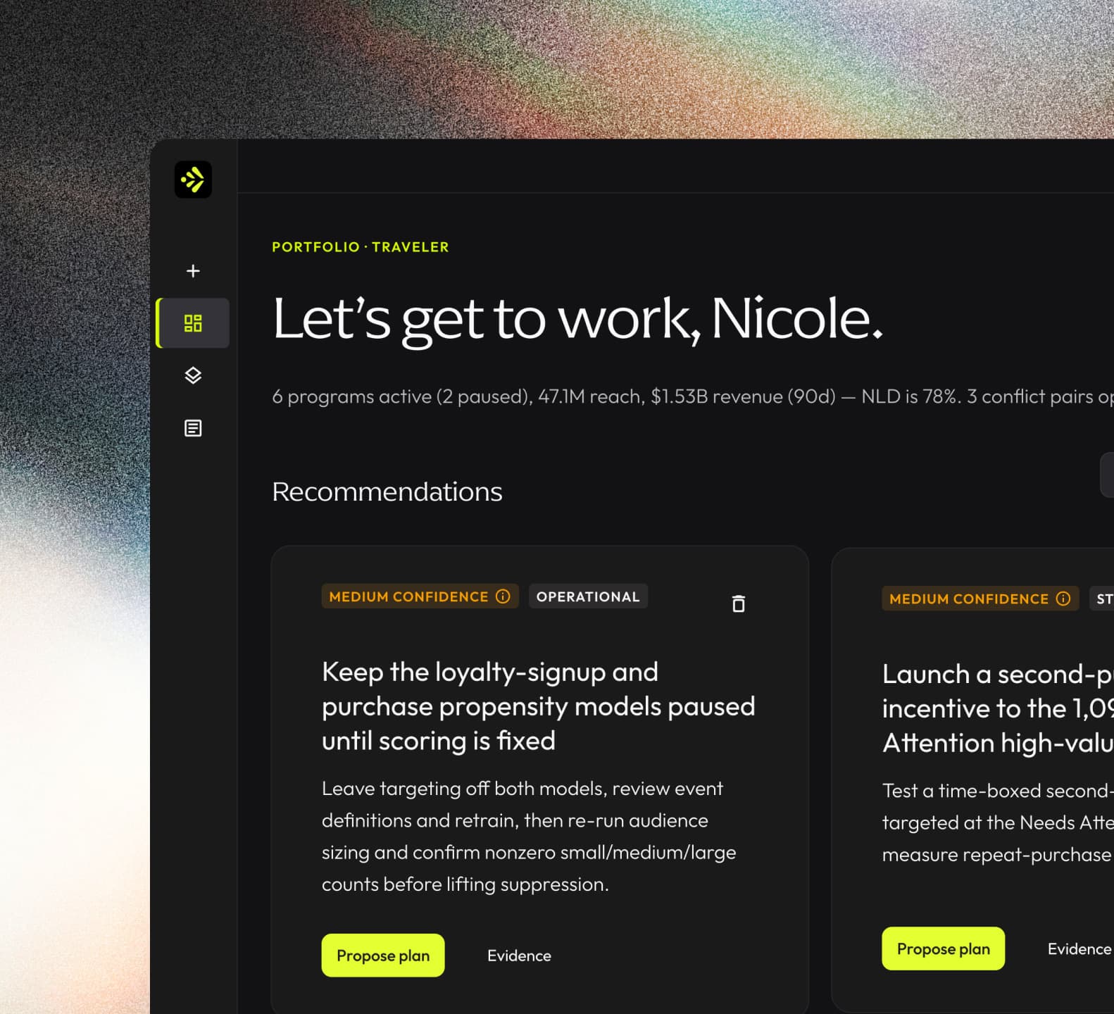 The Pér portfolio screen greeting “Let’s get to work, Nicole.” above two recommendation cards with confidence ratings.