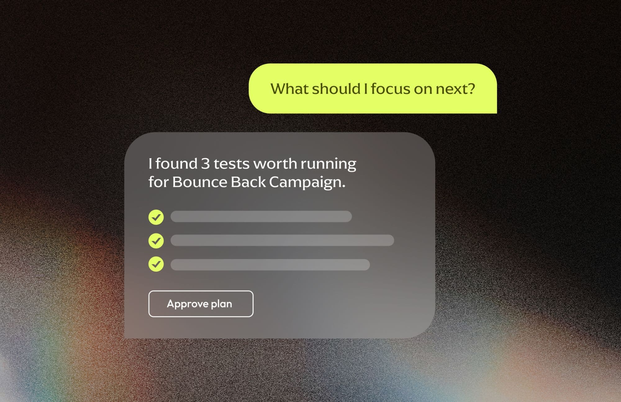 A chat exchange: a marketer asks “What should I focus on next?” and Pér replies that it found 3 tests worth running for the Bounce Back Campaign, with an Approve plan button.