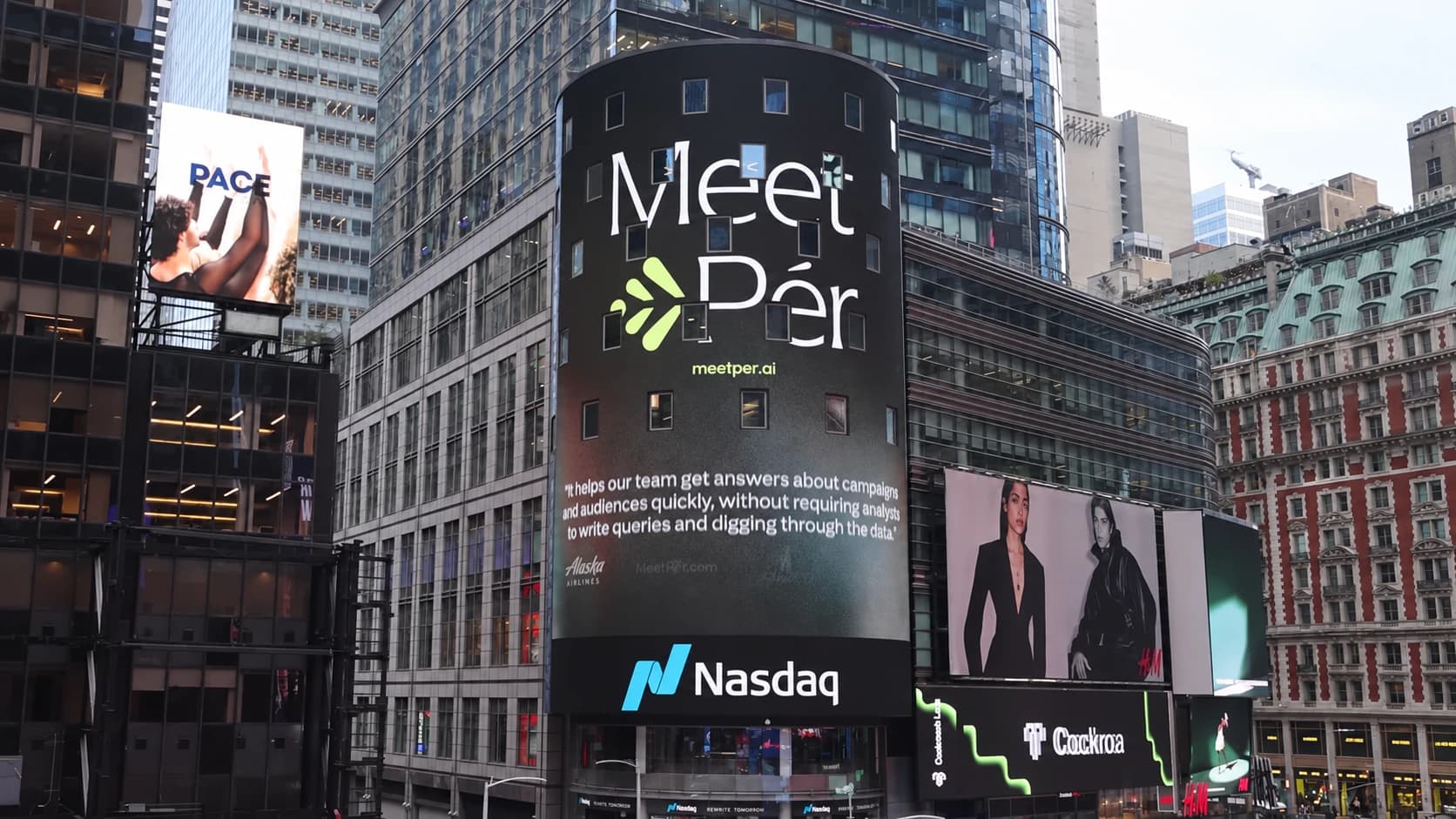 The Nasdaq screen in Times Square displays “Meet Pér” during the Pér launch.