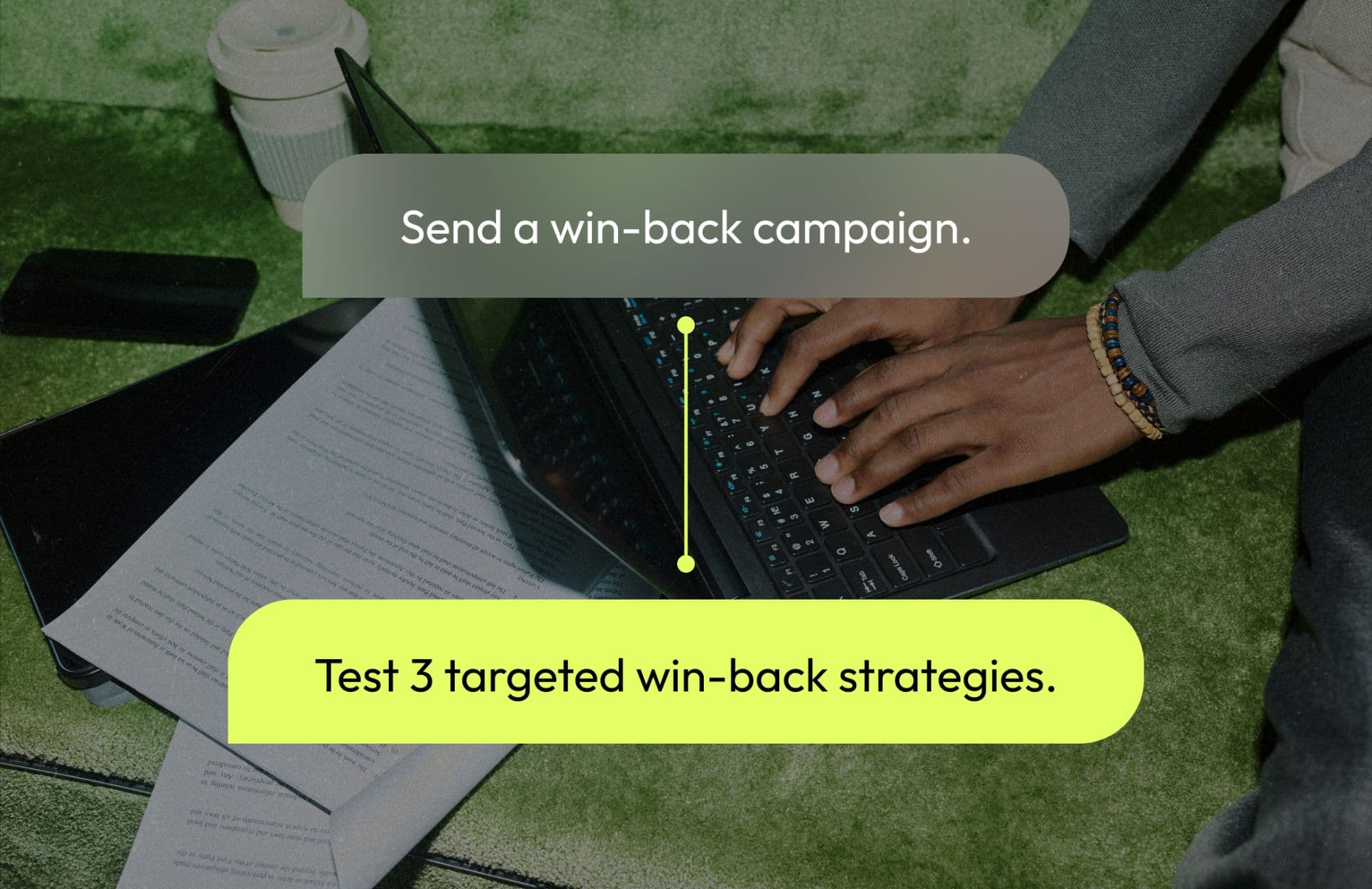 Hands typing on a laptop, with two chat bubbles: the request “Send a win-back campaign.” becomes Pér’s answer, “Test 3 targeted win-back strategies.”