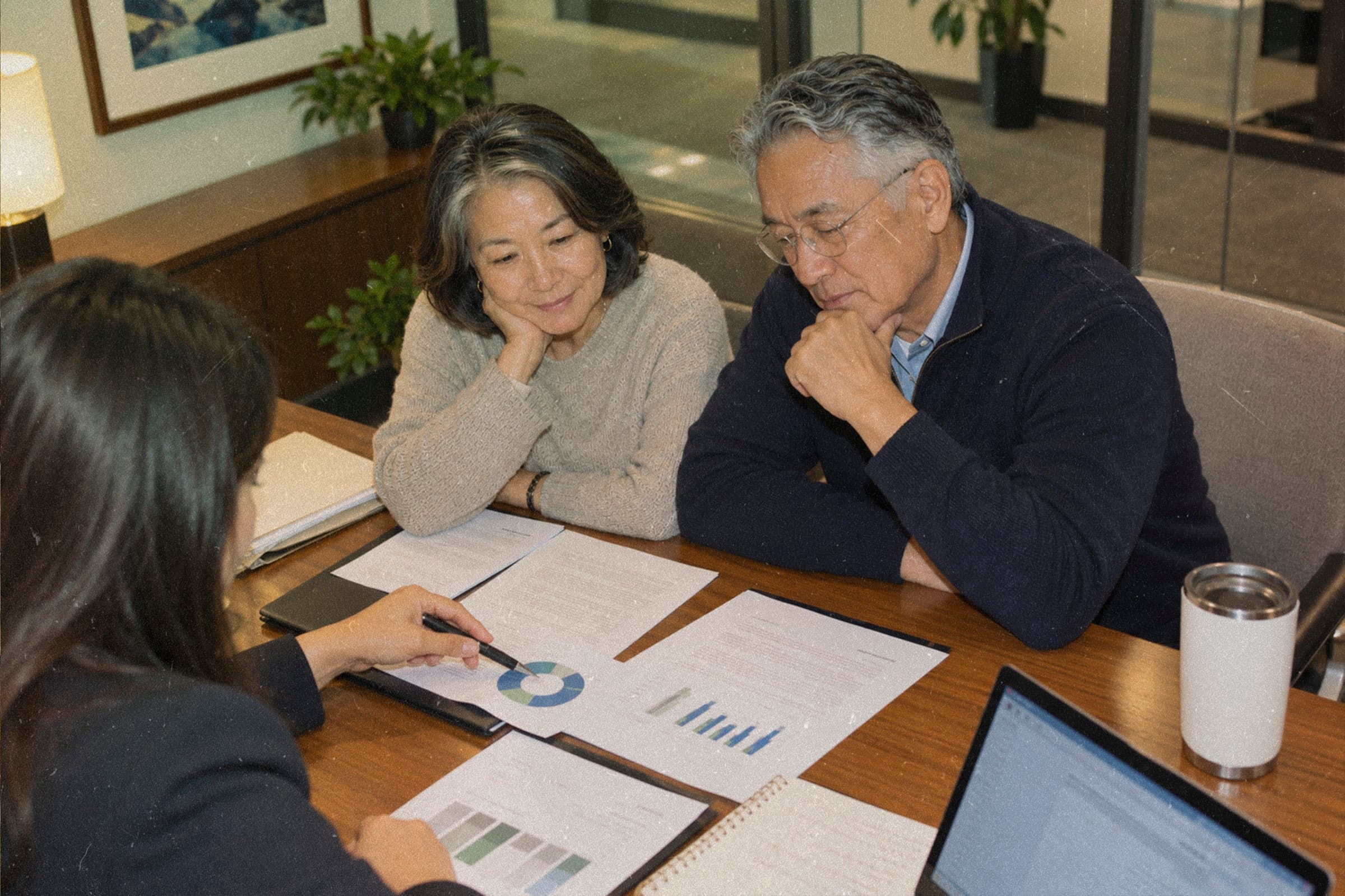 An older couple reviews printed charts with an advisor across a conference table.