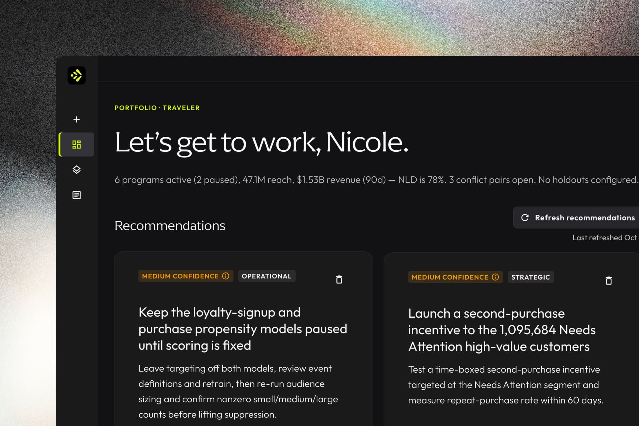 The Pér portfolio screen greeting “Let’s get to work, Nicole.” above two recommendation cards with confidence ratings.